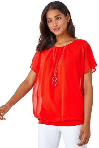 Product Chiffon Jersey Blouson Top with Necklace Orange