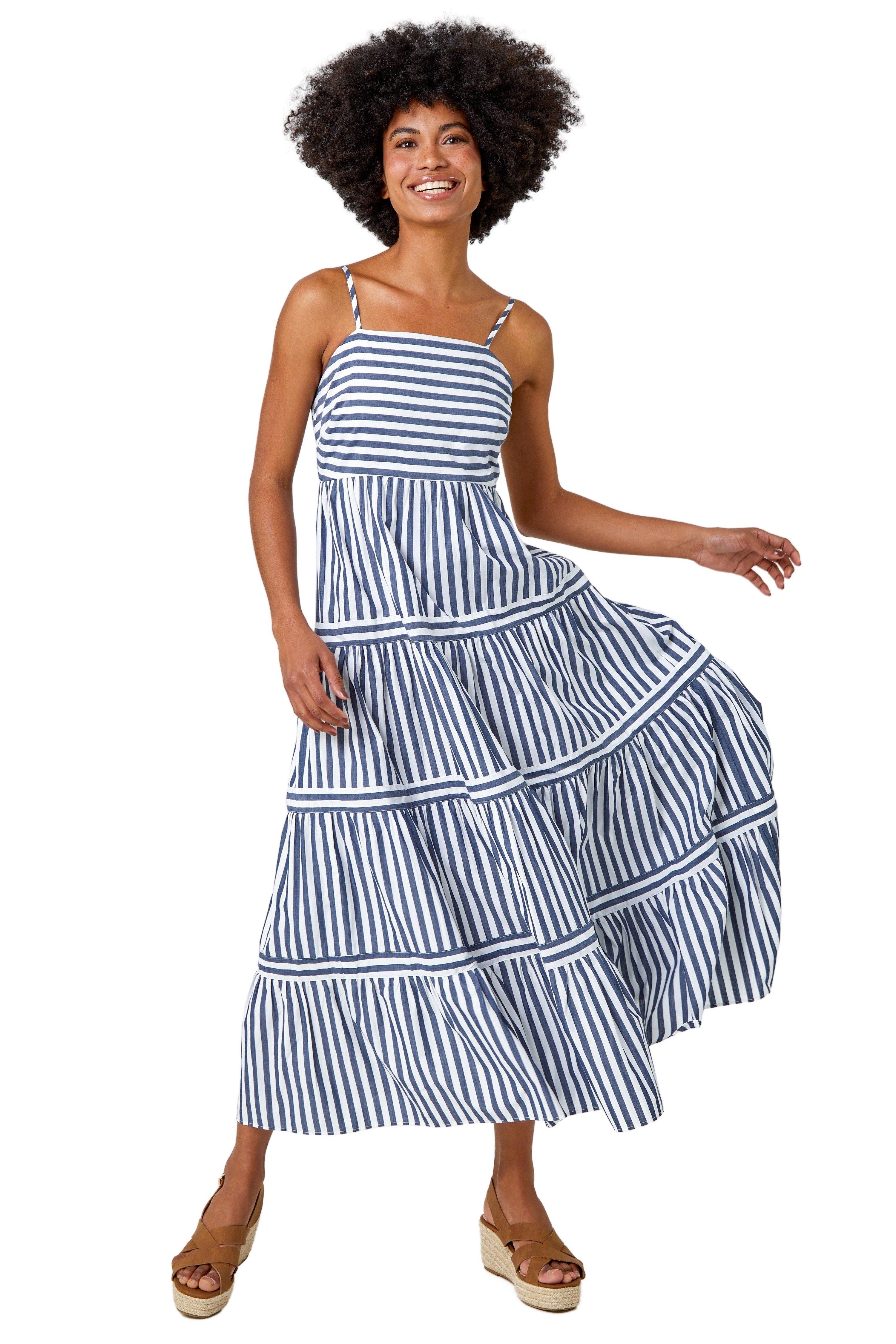 Sleeveless Stripe Tiered Cotton Maxi Dress