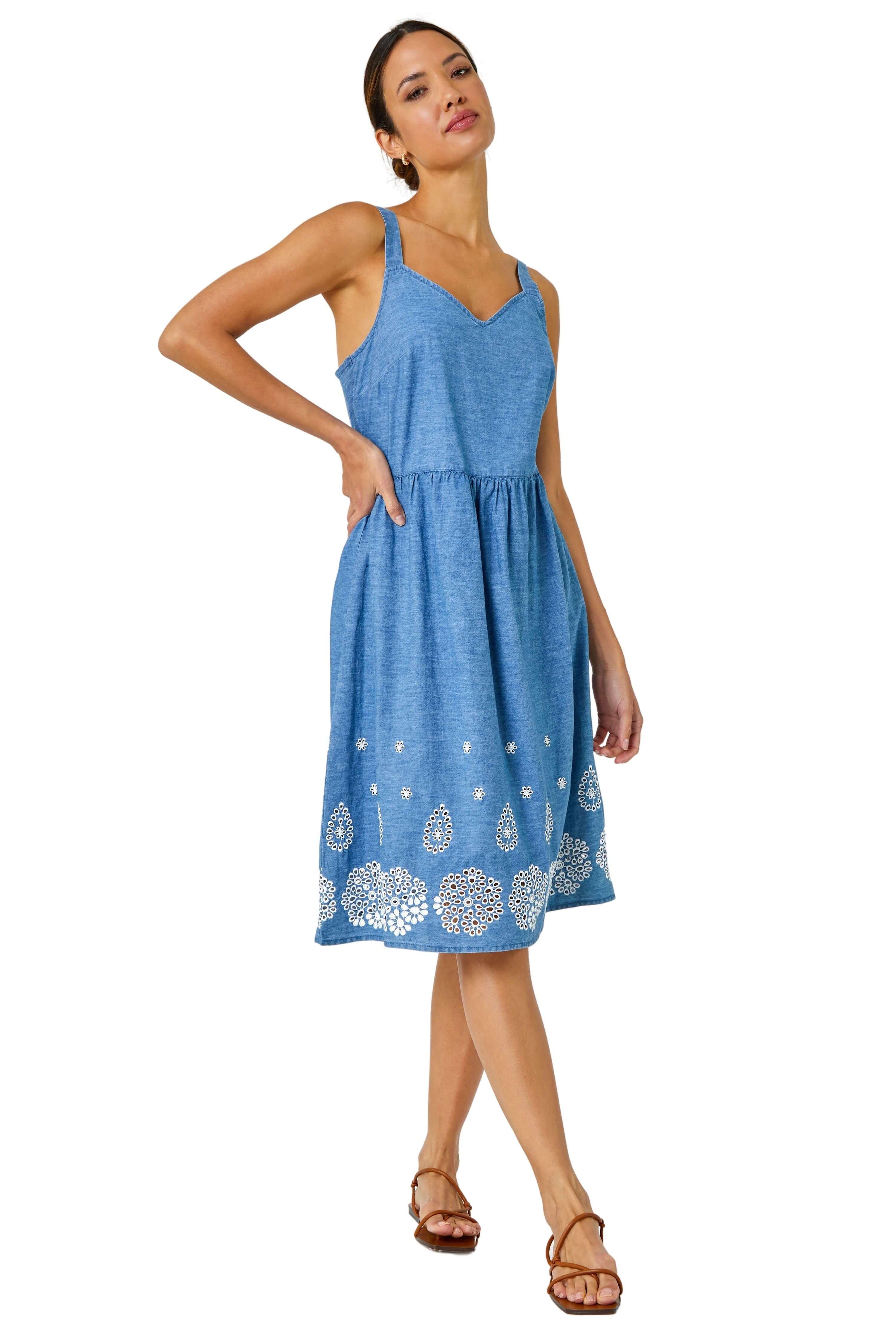Sleeveless Cotton Embroidered Midi Dress