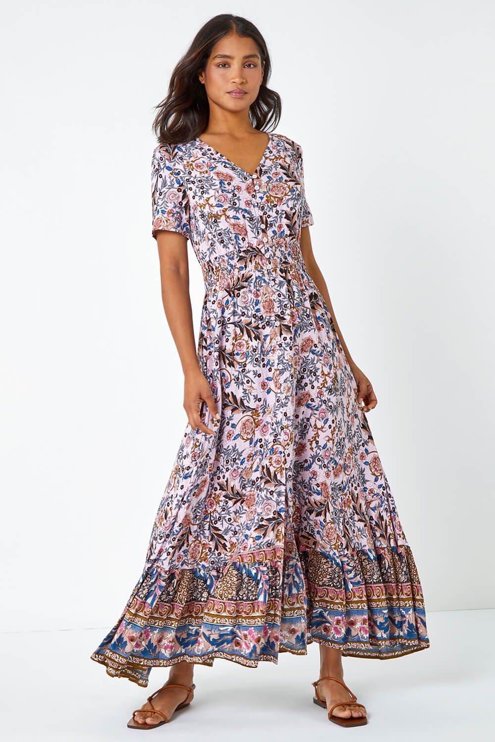 Floral Border Shirred Waist Maxi Dress