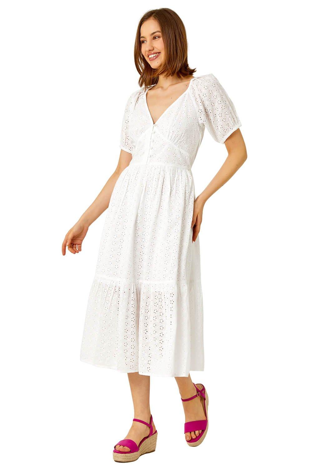 Broderie Puff Sleeve Cotton Midi Dress