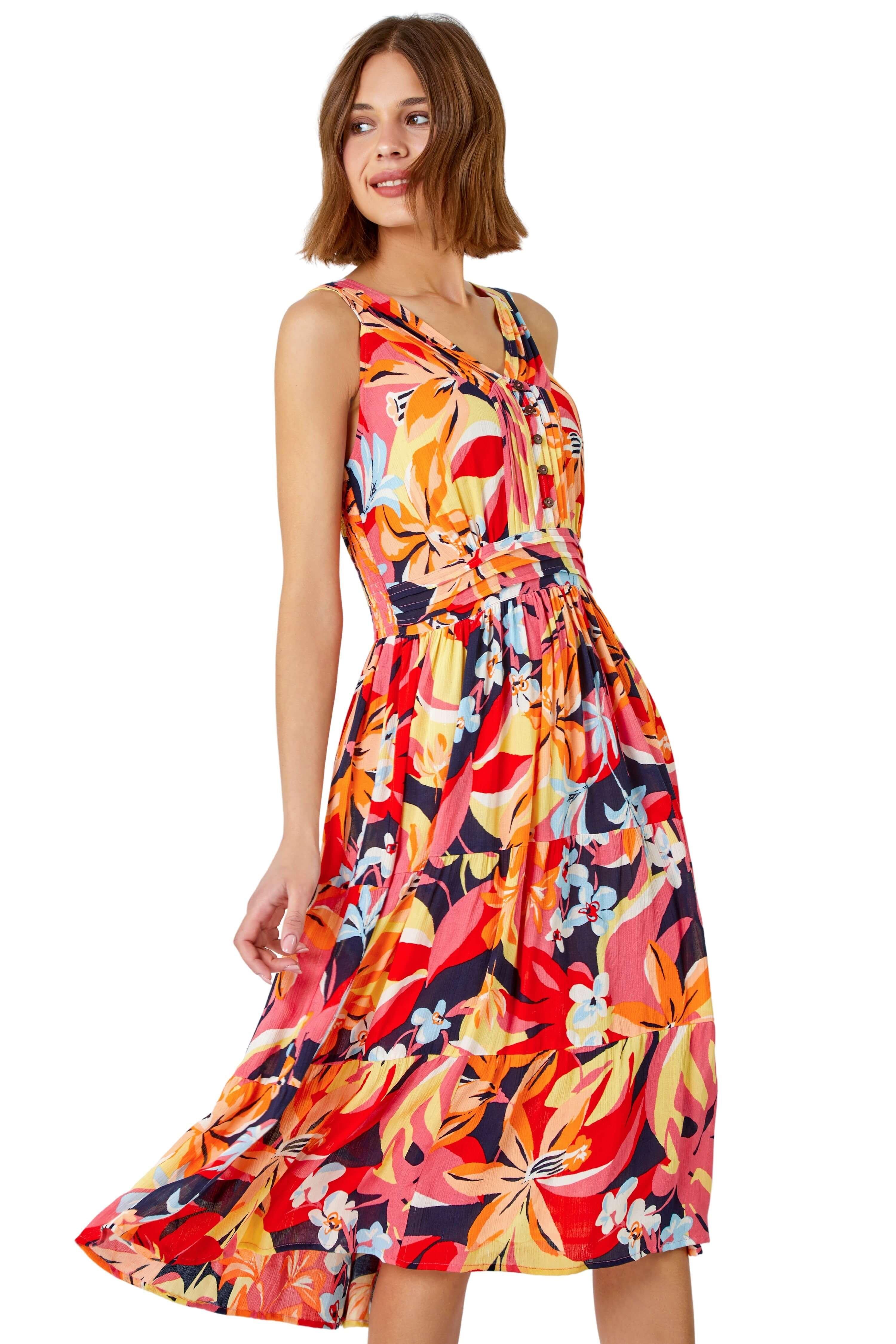 Tropical Shirred Stretch Midi Dress