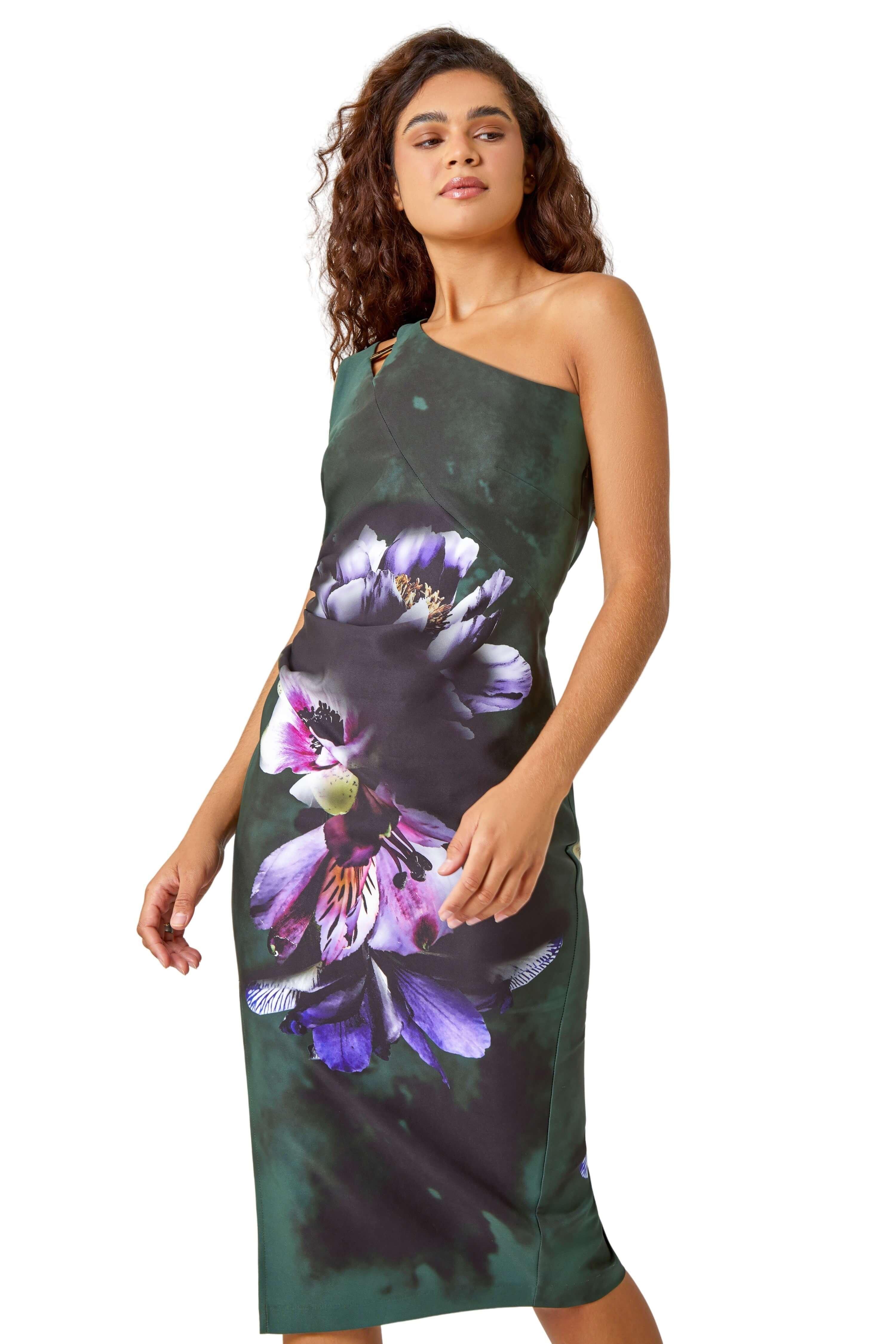 Floral Print One Shoulder Stretch Dress