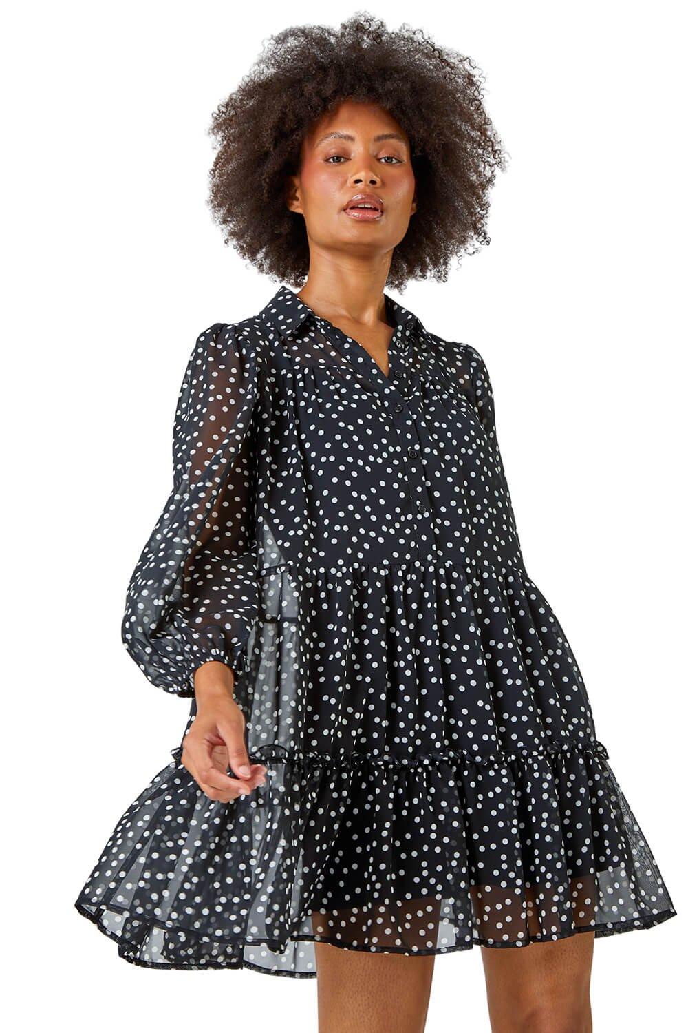 Polka Dot Print Tiered Shirt Dress