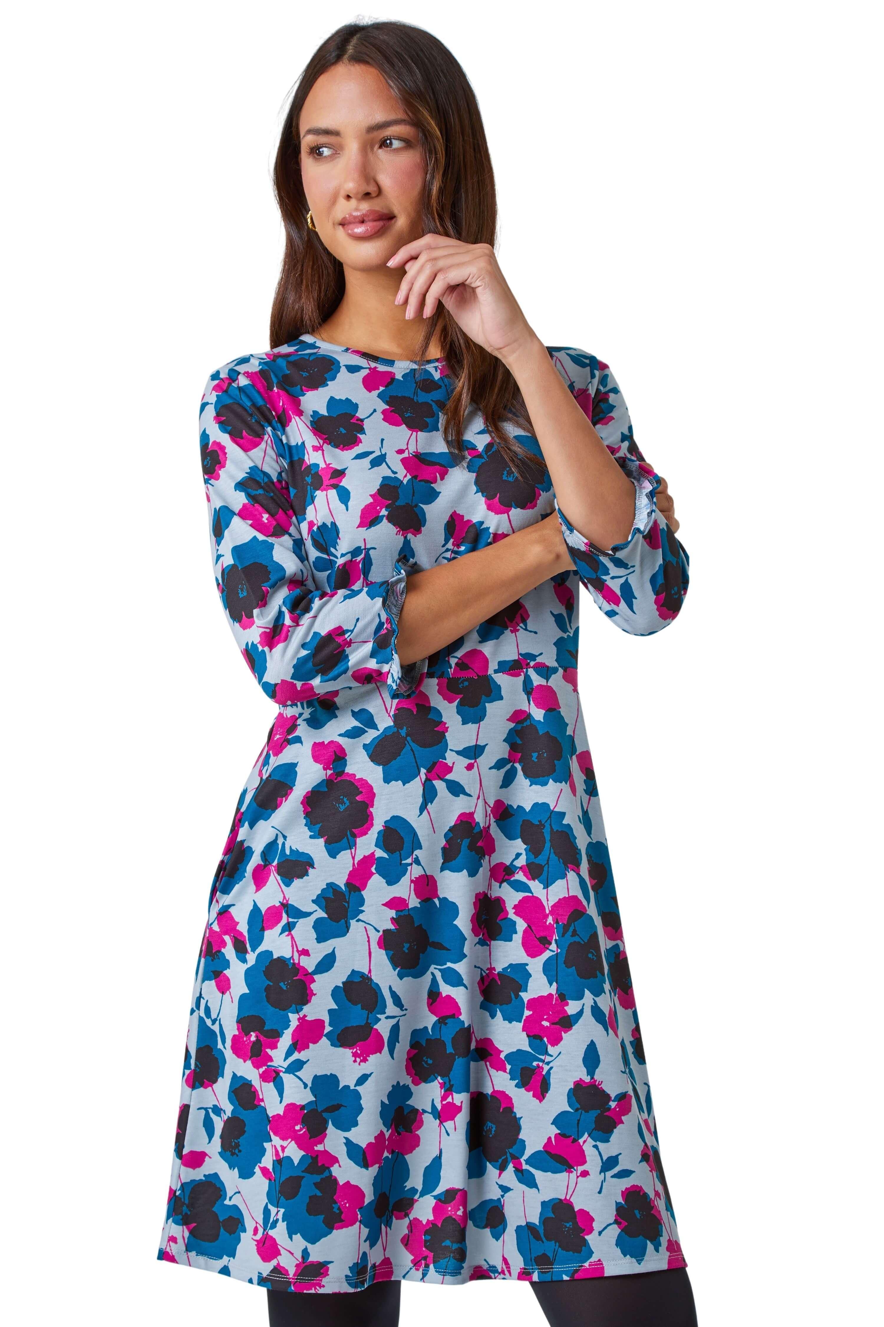 Floral Print Frill Sleeve Stretch Dress