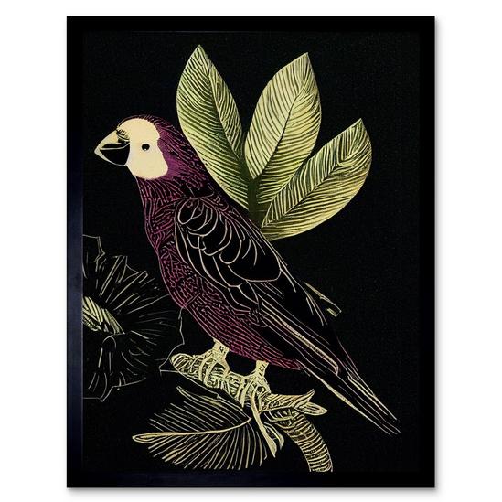 Artery8 Wall Art Print Burgundy Parrot Leaves Tree Branch on Black Vintage Linocut Art Framed 1