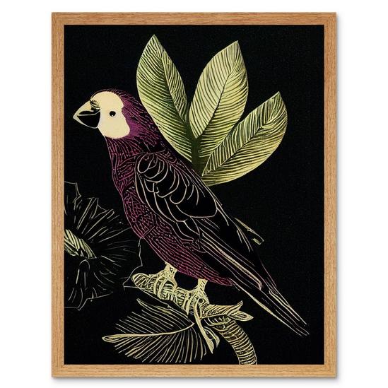 Artery8 Burgundy Parrot Leaves Tree Branch on Black Vintage Linocut Illustration Art Print Framed Poster Wall Decor 12x16 inch 1