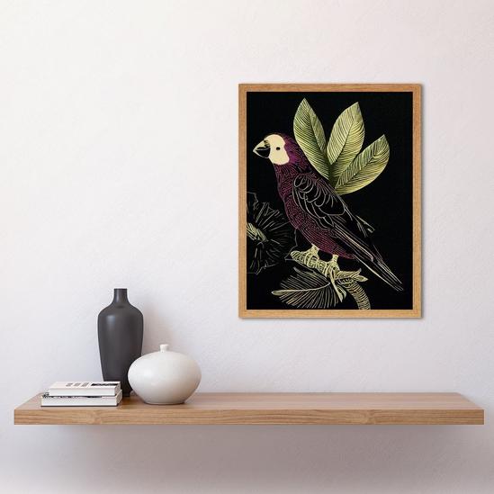 Artery8 Burgundy Parrot Leaves Tree Branch on Black Vintage Linocut Illustration Art Print Framed Poster Wall Decor 12x16 inch 2