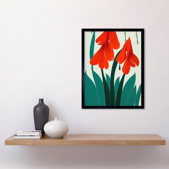 Artery8 Modern Abstract Crimson Red Bloom Wild Flowers Teal Leaves on White Art Print Framed Poster Wall Decor 12x16 inch 2