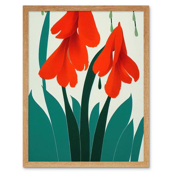 Artery8 Modern Abstract Crimson Red Bloom Wild Flowers Teal Leaves on White Art Print Framed Poster Wall Decor 12x16 inch 1