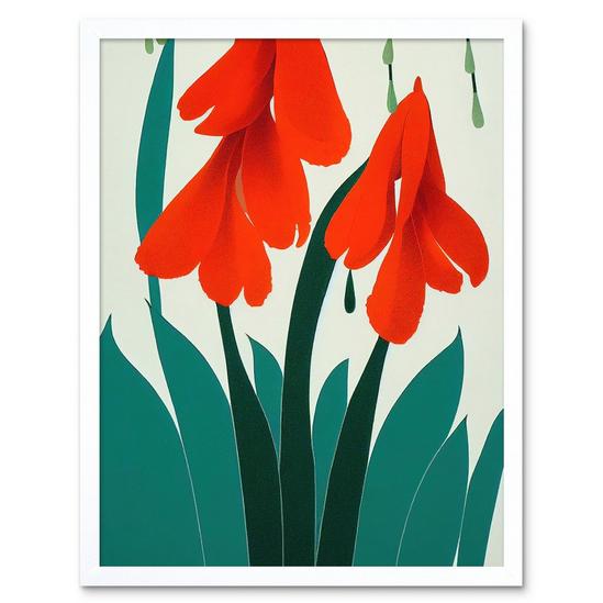 Artery8 Modern Abstract Crimson Red Bloom Wild Flowers Teal Leaves on White Art Print Framed Poster Wall Decor 12x16 inch 1