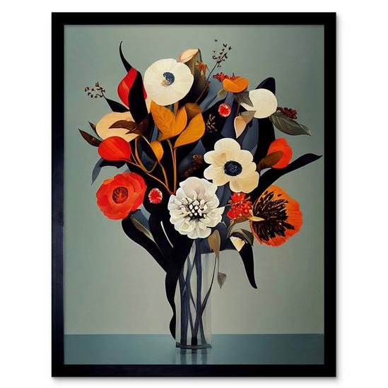 Artery8 Wall Art Print Winter Flower Floral Bouquet Orange Navy Cream Modern Acrylic Paint Art Framed 1