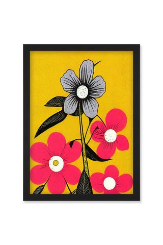 Product Bold Flowers Linocut Pink and Mustard Yellow Print Artwork Framed Wall Art Print A4 Black