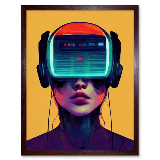 Artery8 Gamer Gaming Painting Illustration Streaming VR Video Game Headset Woman Art Print Framed Poster Wall Decor 12x16 inch 1