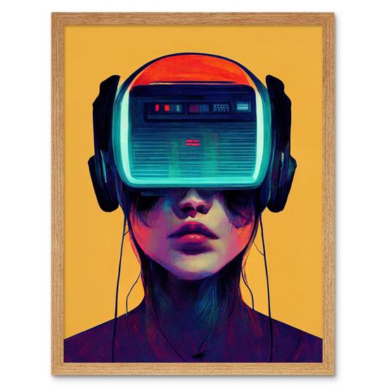 Artery8 Gamer Gaming Painting Illustration Streaming VR Video Game Headset Woman Art Print Framed Poster Wall Decor 12x16 inch 1