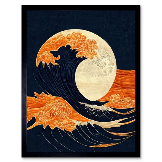 Artery8 Wall Art Print The Great Wave at Full Moon Modern Japan Seascape Woodblock Art Framed 1