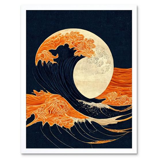 Artery8 The Great Wave at Full Moon Modern Japan Seascape Woodblock Art Print Framed Poster Wall Decor 12x16 inch 1
