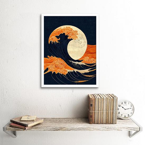 Artery8 The Great Wave at Full Moon Modern Japan Seascape Woodblock Art Print Framed Poster Wall Decor 12x16 inch 2