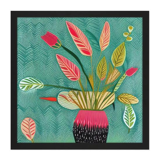Artery8 Wall Art Print Triostar Plant Vibrant Textured Pot Green Red Pink Tricolour Square Framed Picture 16X16 Inch 1