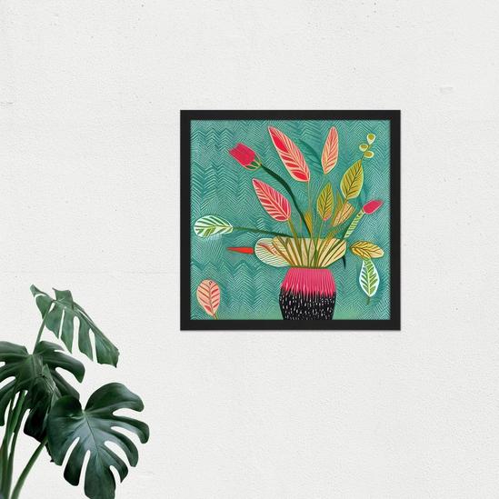 Artery8 Wall Art Print Triostar Plant Vibrant Textured Pot Green Red Pink Tricolour Square Framed Picture 16X16 Inch 2