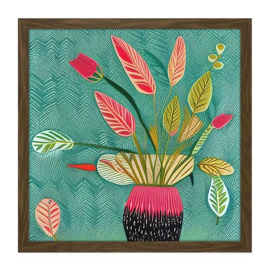 Artery8 Triostar Plant Vibrant Textured Pot Green Red Pink Tricolour Illustration Square Framed Wall Art Print Picture 16X16 Inch 1