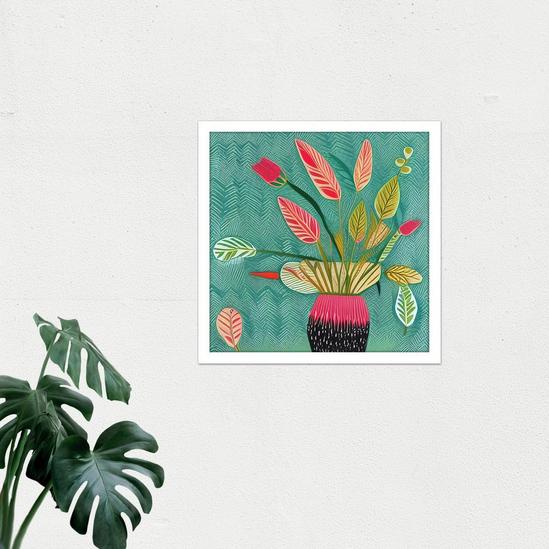 Artery8 Triostar Plant Vibrant Textured Pot Green Red Pink Tricolour Illustration Square Framed Wall Art Print Picture 16X16 Inch 2