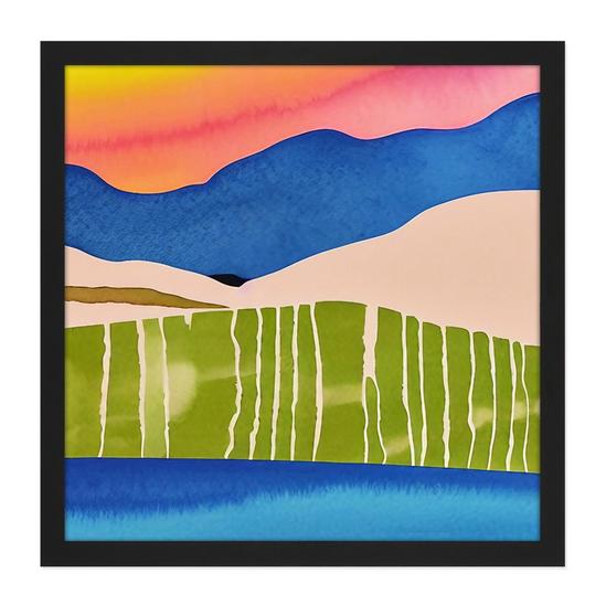 Artery8 Wall Art Print Abstract Sunset Landscape Watercolour Land Sea Sky Square Framed Picture 16X16 Inch 1