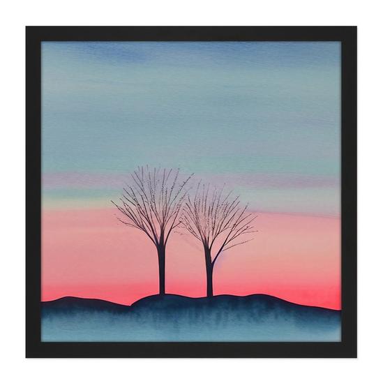 Artery8 Wall Art Print Two Winter Trees Sunset Simple Landscape Soft Watercolour Painting Square Framed Picture 16X16 Inch 1