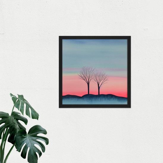 Artery8 Wall Art Print Two Winter Trees Sunset Simple Landscape Soft Watercolour Painting Square Framed Picture 16X16 Inch 2
