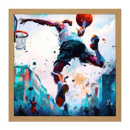 Artery8 City Basketball Slam Dunk Sport Splatter Watercolour Painting Teal Orange Square Framed Wall Art Print Picture 16X16 Inch 1