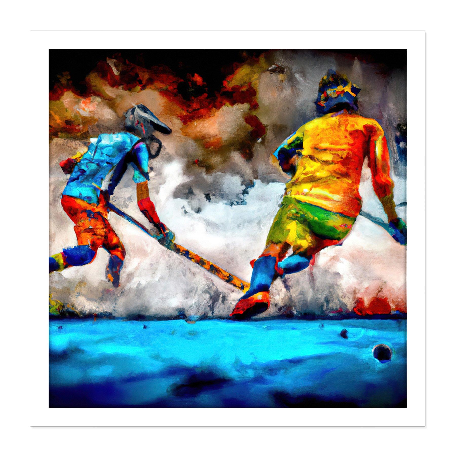 Field Hockey Players Action Abstract Oil Painting Square Framed Wall Art Print Picture 16X16 Inch