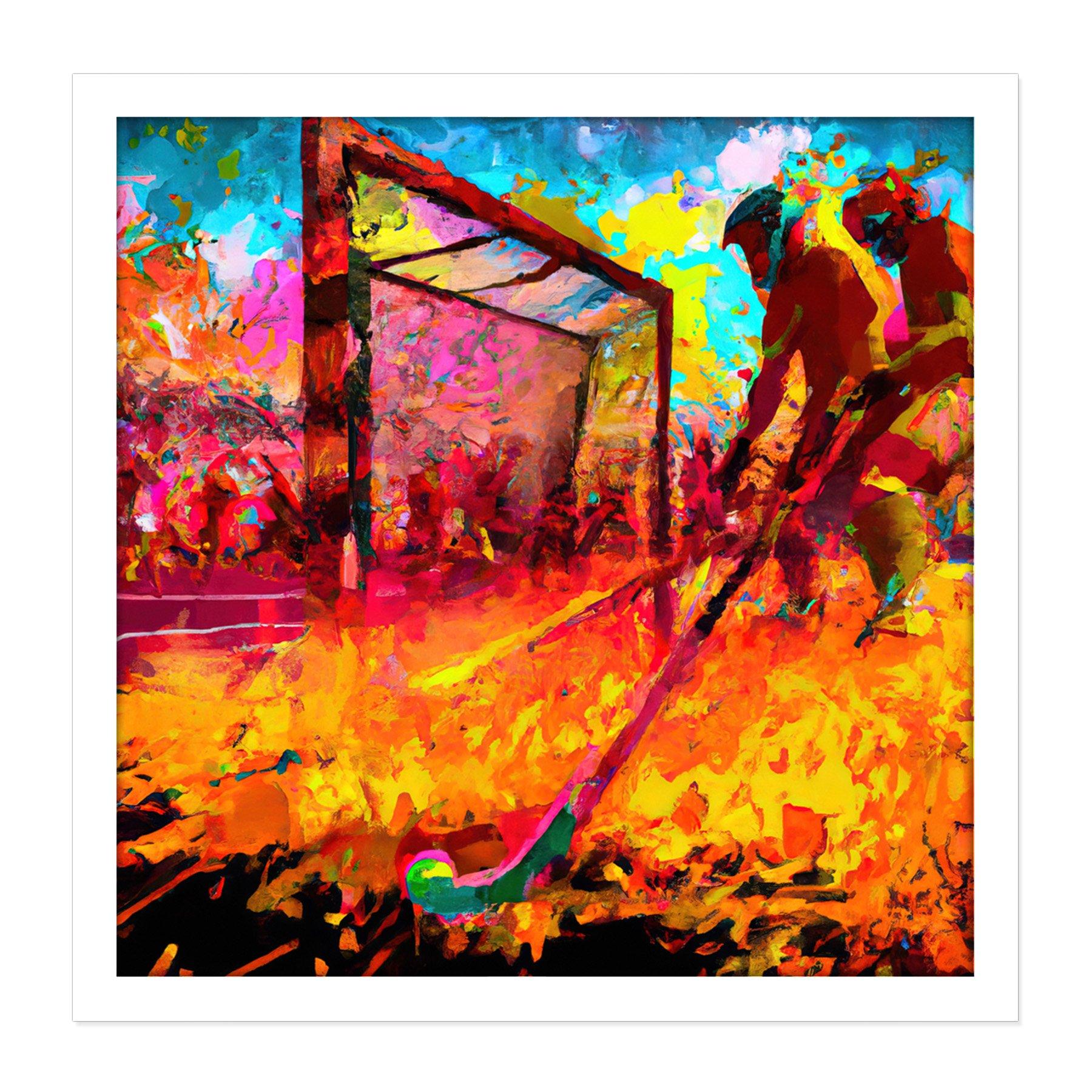 Field Hockey Game Abstract Vibrant Colourful Oil Painting Square Framed Wall Art Print Picture 16X16 Inch