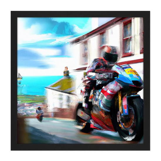Artery8 Wall Art Print Isle of Man Tt Races Motorbike Motorsport Watercolour Street Scene Square Framed Picture 16X16 Inch 1
