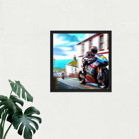 Artery8 Wall Art Print Isle of Man Tt Races Motorbike Motorsport Watercolour Street Scene Square Framed Picture 16X16 Inch 2