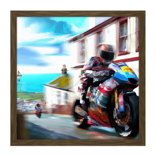 Artery8 Isle of Man Tt Races Motorbike Motorsport Watercolour Street Scene Square Framed Wall Art Print Picture 16X16 Inch 1
