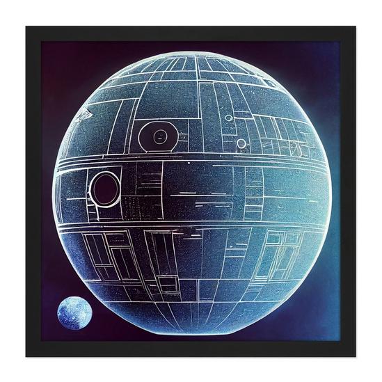 Artery8 Wall Art Print Death Star Space Station Design Exterior Blue Blue Square Framed Picture 16X16 Inch 1