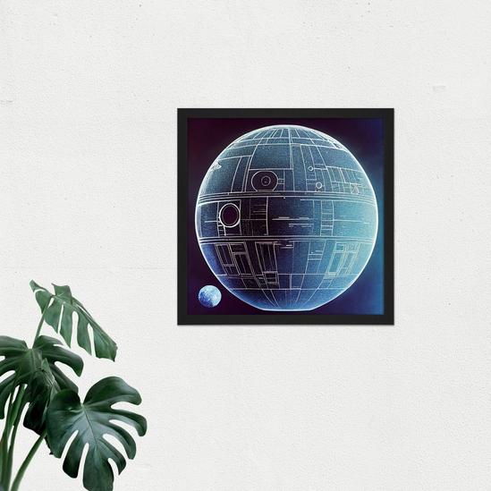 Artery8 Wall Art Print Death Star Space Station Design Exterior Blue Blue Square Framed Picture 16X16 Inch 2