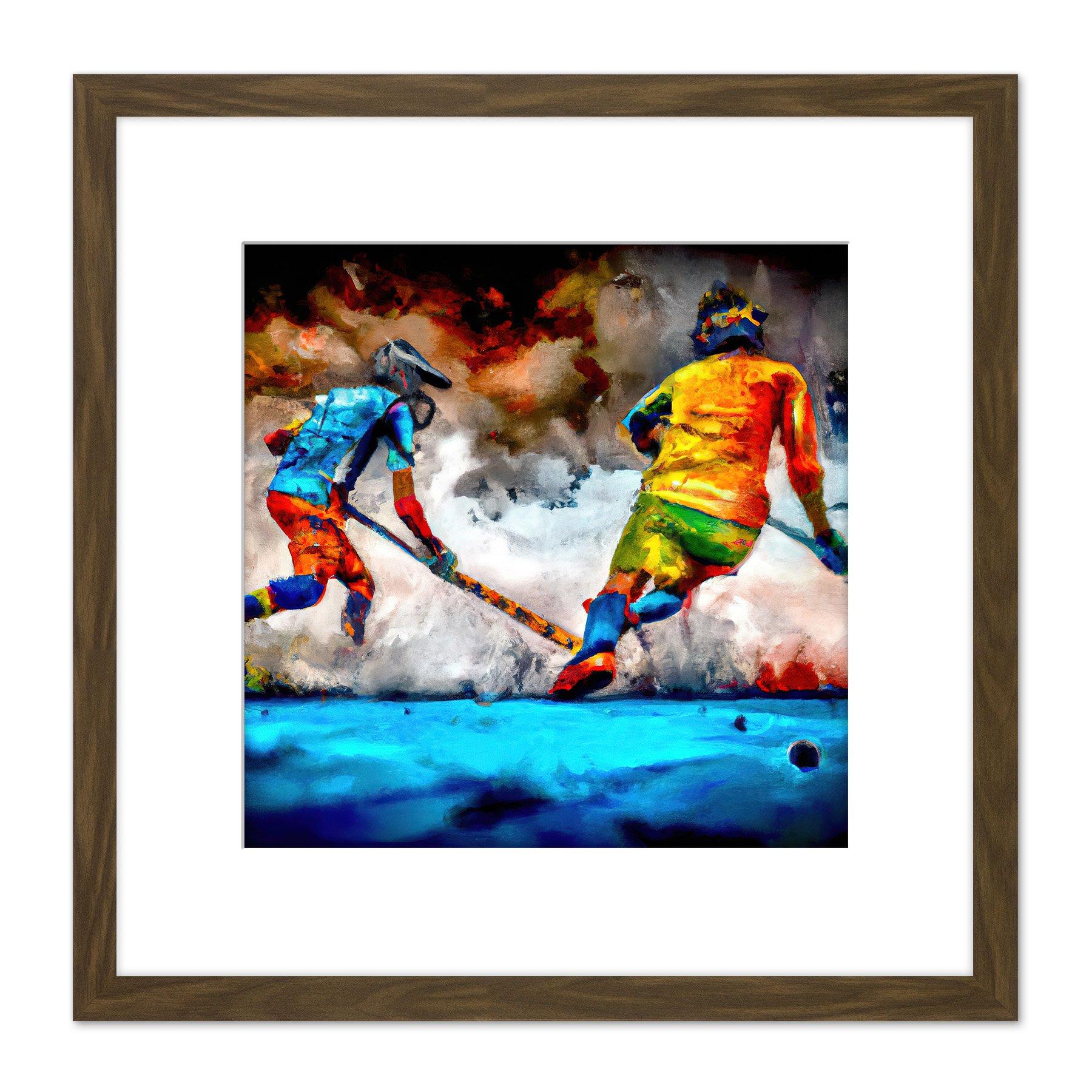 Field Hockey Players Action Abstract Oil Painting Square Wooden Framed Wall Art Print Picture 8X8 Inch