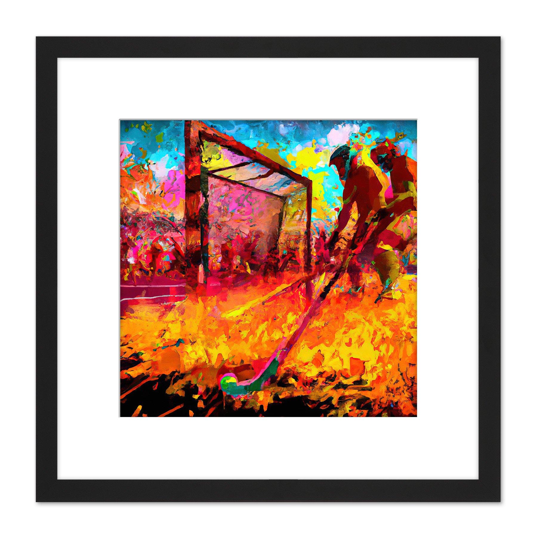 Field Hockey Game Abstract Vibrant Colourful Oil Painting Square Wooden Framed Wall Art Print Picture 8X8 Inch