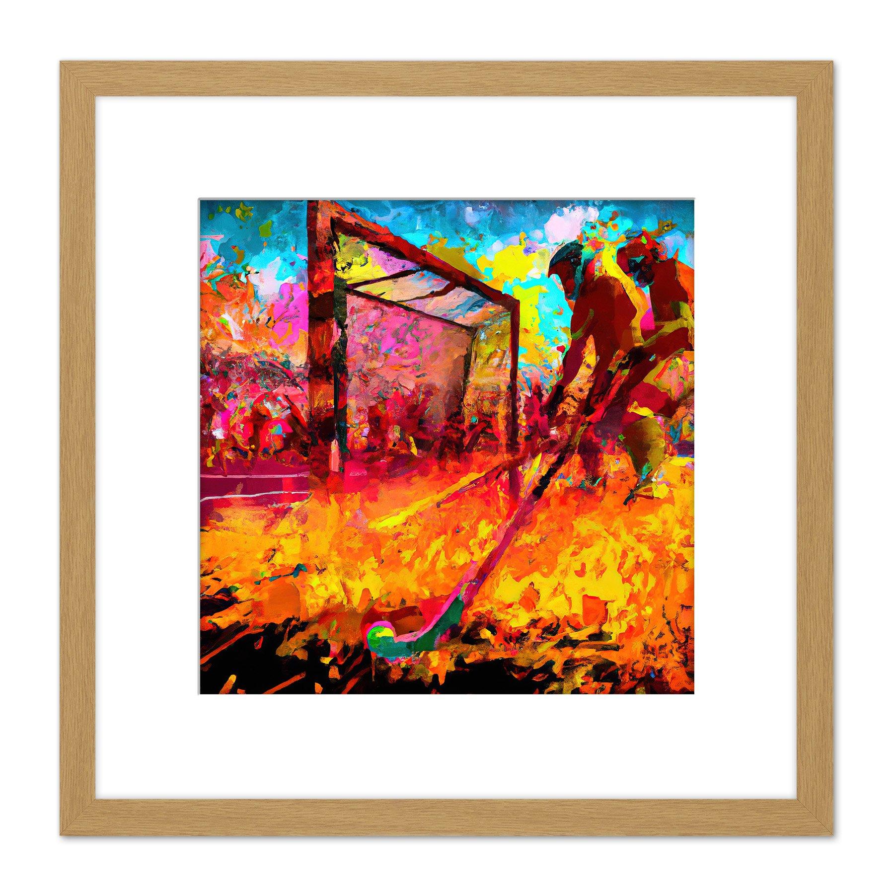 Field Hockey Game Abstract Vibrant Colourful Oil Painting Square Wooden Framed Wall Art Print Picture 8X8 Inch
