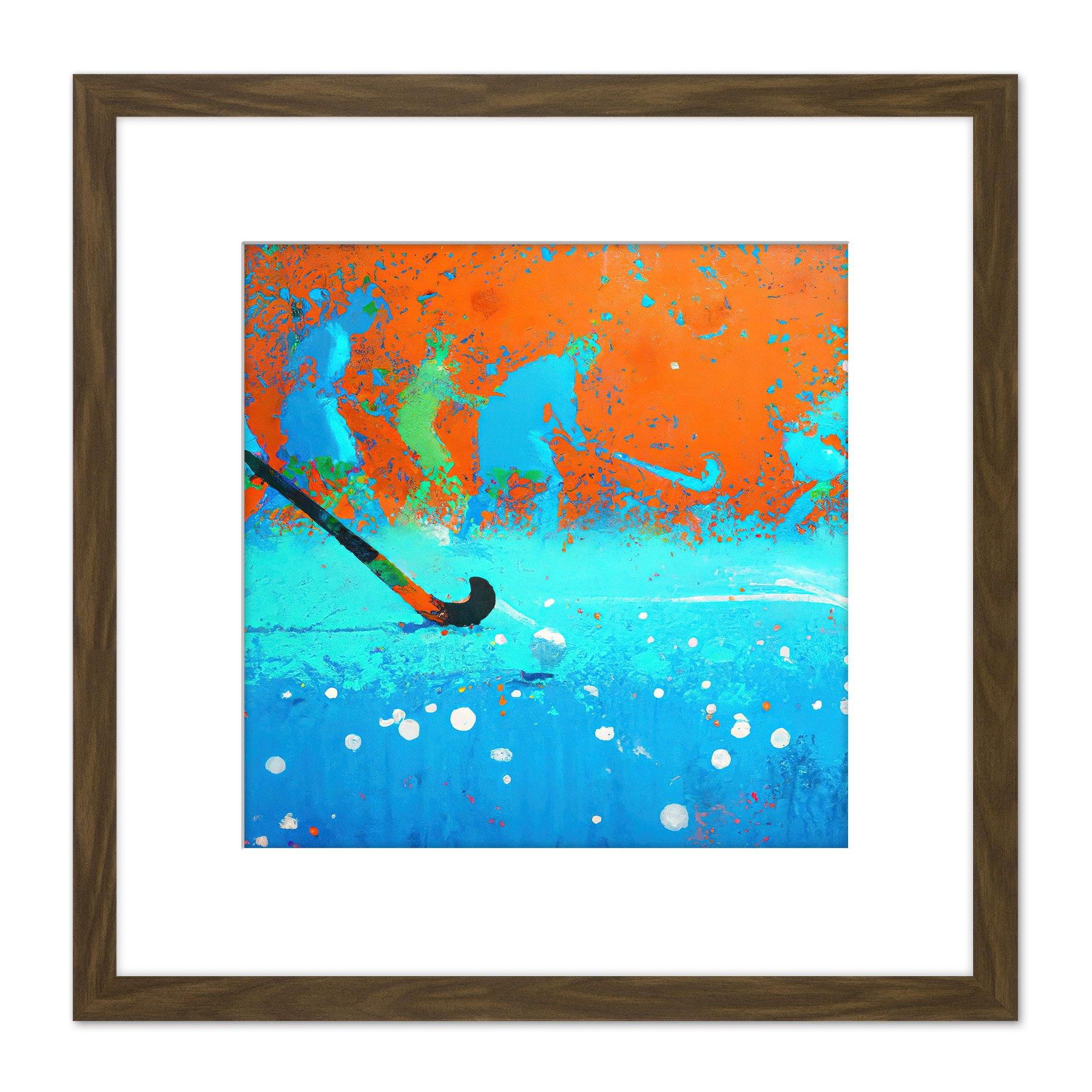 Abstract Field Hockey Stick Players Pitch Blue Orange Sport Oil Painting Square Wooden Framed Wall Art Print Picture 8X8 Inch