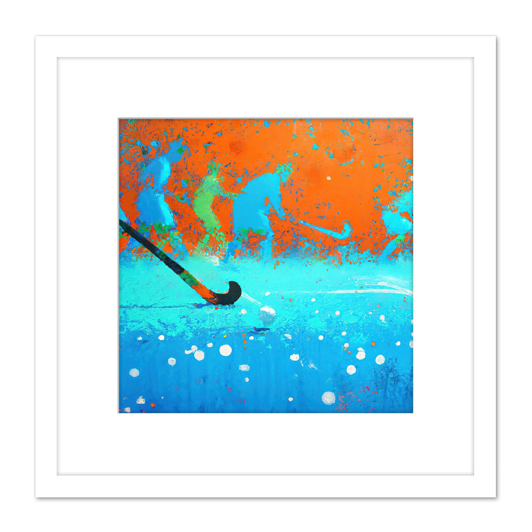 Abstract Field Hockey Stick Players Pitch Blue Orange Sport Oil Painting Square Wooden Framed Wall Art Print Picture 8X8 Inch