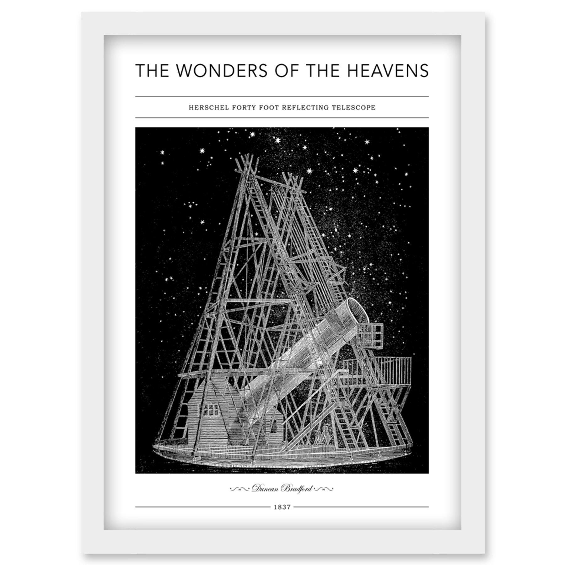 wonders of the heavens duncan bradford herschel forty foot reflecting telescope antique classic illustration artwork framed wall art print a4