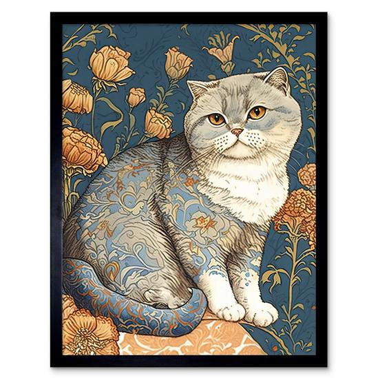 Artery8 Cute Cat with Floral Pattern Fur and Autumn Flower Blooms Art Nouveau Modern Illustration Art Print Framed Poster Wall Decor 12x16 inch 1