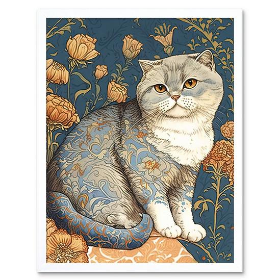 Artery8 Cute Cat with Floral Pattern Fur and Autumn Flower Blooms Art Nouveau Modern Illustration Art Print Framed Poster Wall Decor 12x16 inch 1