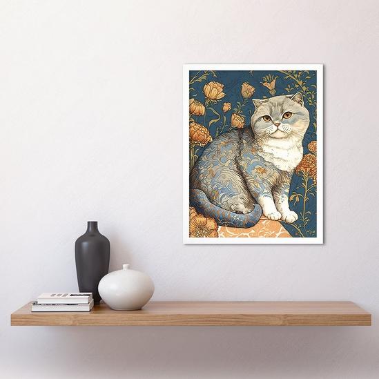 Artery8 Cute Cat with Floral Pattern Fur and Autumn Flower Blooms Art Nouveau Modern Illustration Art Print Framed Poster Wall Decor 12x16 inch 2