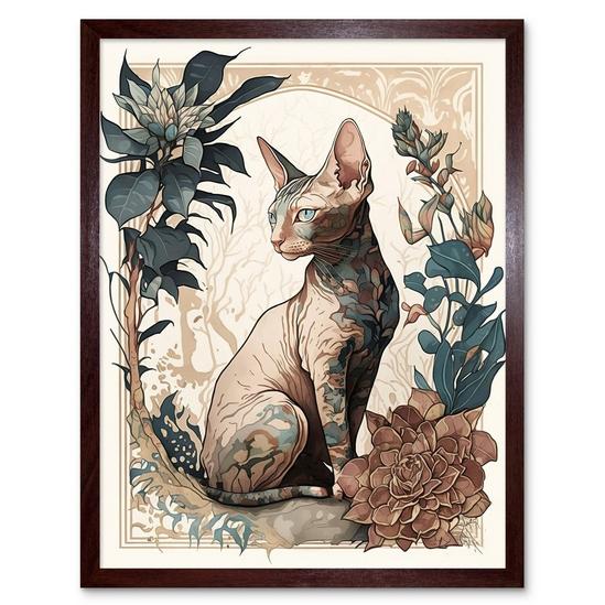 Artery8 Sphynx Cat with Flower Blooms Modern Art Nouveau Portrait Illustration Art Print Framed Poster Wall Decor 12x16 inch 1