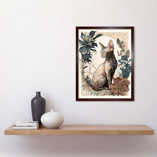 Artery8 Sphynx Cat with Flower Blooms Modern Art Nouveau Portrait Illustration Art Print Framed Poster Wall Decor 12x16 inch 2