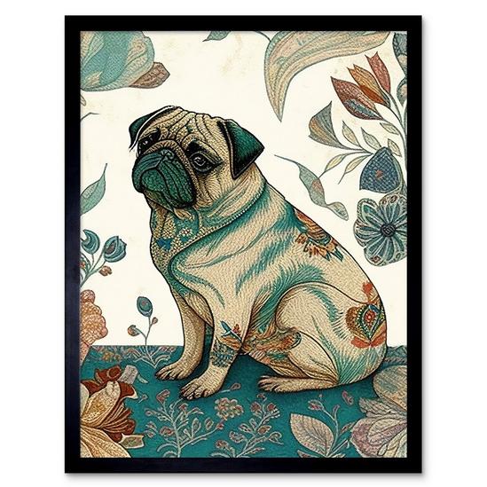 Artery8 Wall Art Print Pug Dog with Floral Patterns Vintage Inspired Multicoloured Linocut Art Framed 1