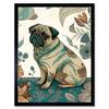 Artery8 Pug Dog with Floral Patterns Vintage Inspired Multicoloured Linocut Illustration Art Print Framed Poster Wall Decor 12x16 inch thumbnail 1
